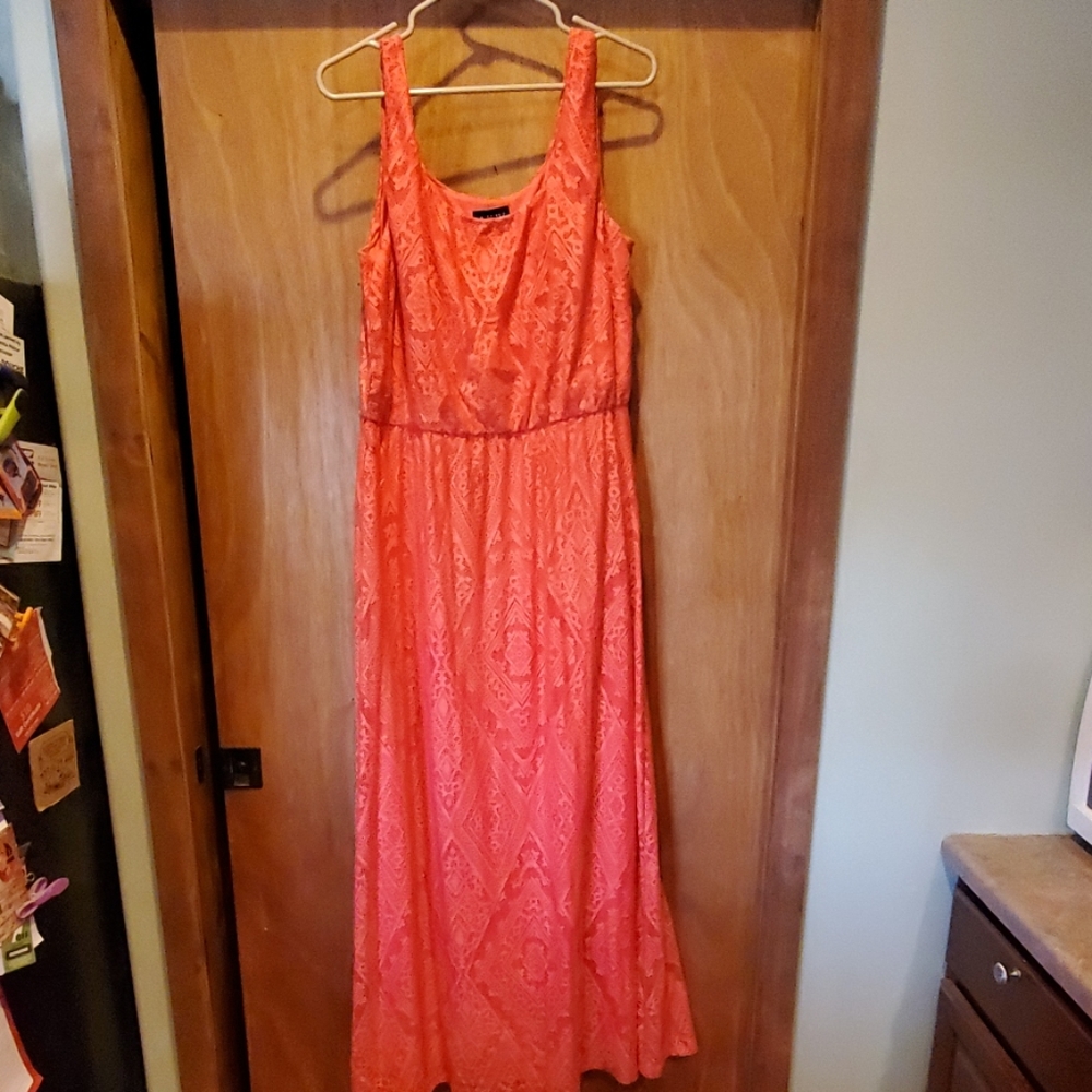 Coral lace overlay maxi dress